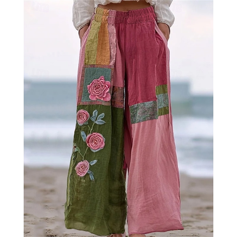 Women's Wide Leg Pants Trousers Palazzo Pants Vintage Boho Full Length High Waist Flower Elastic Waist Printing Breathability Comfortable Street Daily Wear Going out Pinky Spring Fall Regular Fit
