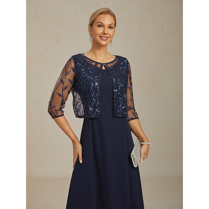 Women's Jacket Blazer Lace Embroidered Sequin Elegant Floral Formal Anniversary Party Wedding Guest Open Front Short Crewneck Regular Fit 3/4 Length Sleeve Outerwear Navy Blue Spring Fall