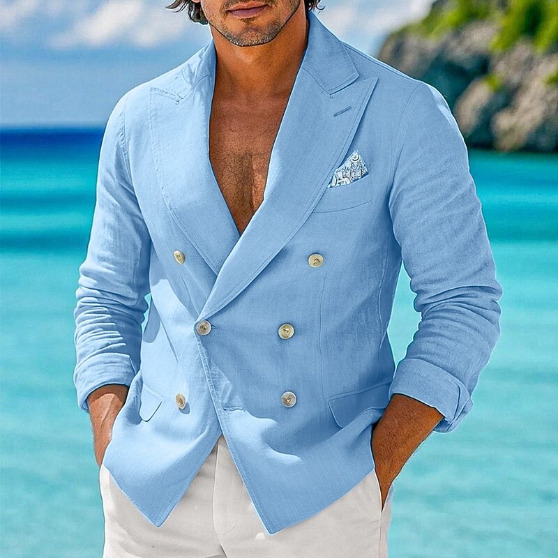 Men's Linen Blazer Sport Coat Closure collar Fashion Lightweight Christmas Ugly Solid Colored Linen Blazer Sky Blue Standard Fit Double Breasted Six-buttons