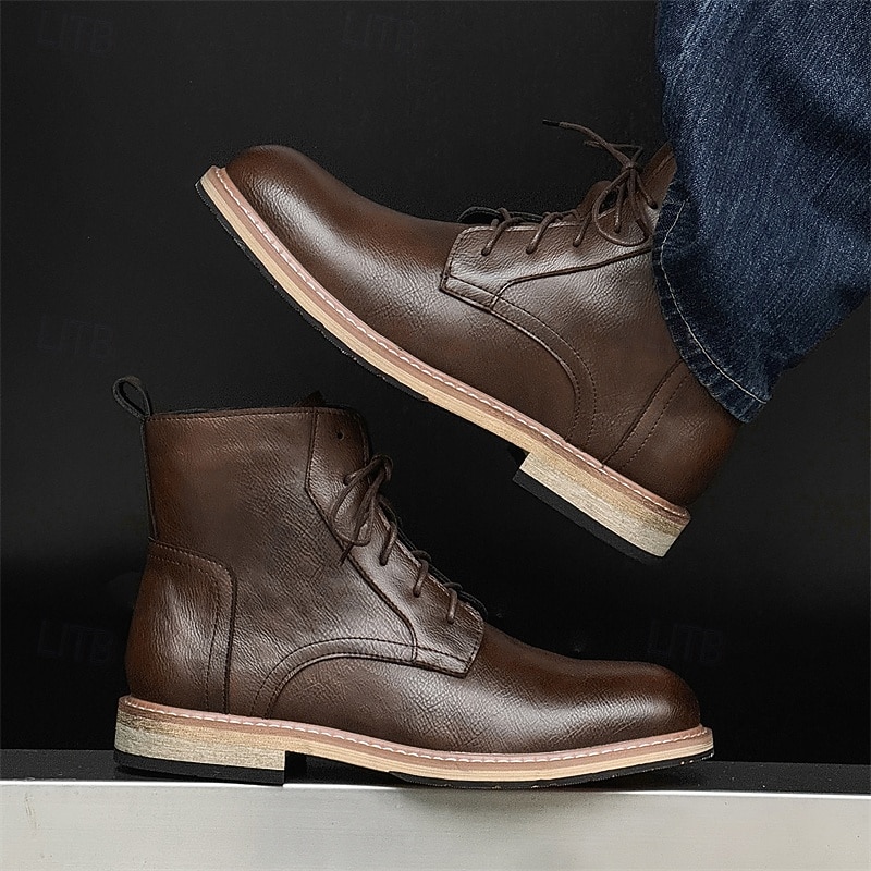 Men's Brown Faux Leather Lace-Up Ankle Boots, Classic Casual Outdoor Footwear for Work and Daily Wear3
