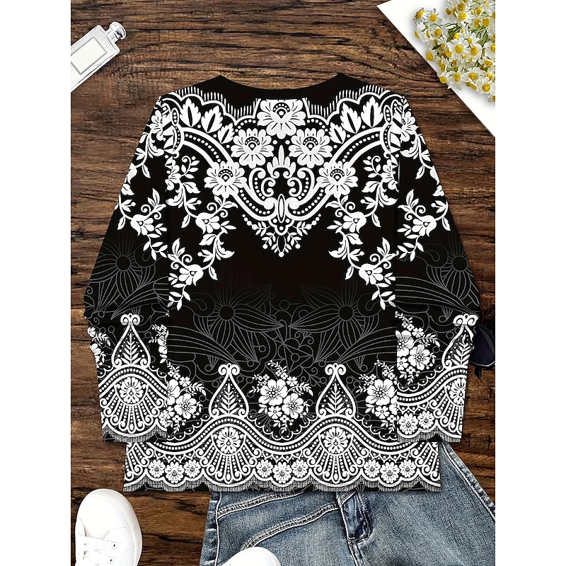 Women's T Shirt Graphic Plants Tribal Vintage Stylish Classic Long Sleeve V Neck Regular Tops Daily Print Black and White Spring Fall Winter3