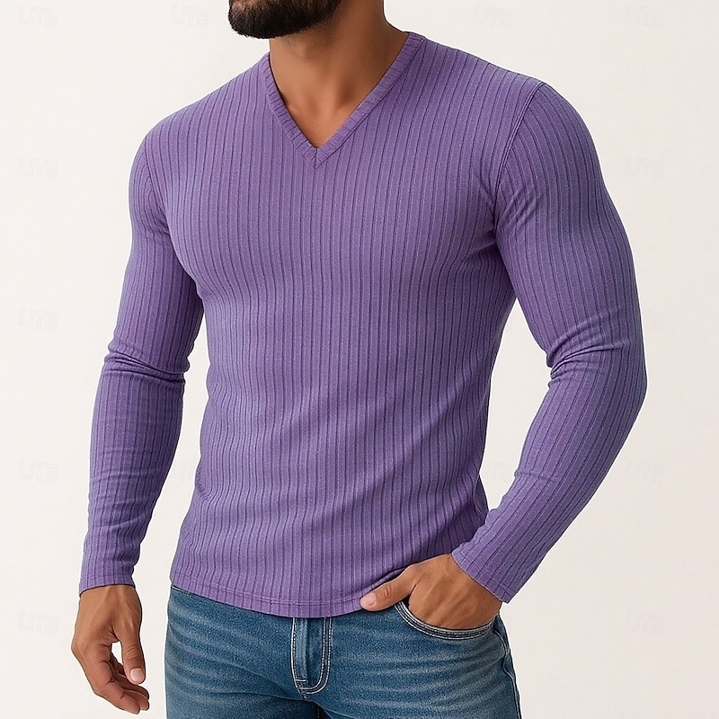 Men's Slim Fit Ribbed V-Neck Long Sleeve Shirt  Fitted Casual Knit Muscle Tee Top Spring Fall Winter Plain Pit Strip Fashion Designer Basic Knitting Vacation Street Casual Black White Purple T-Shirt