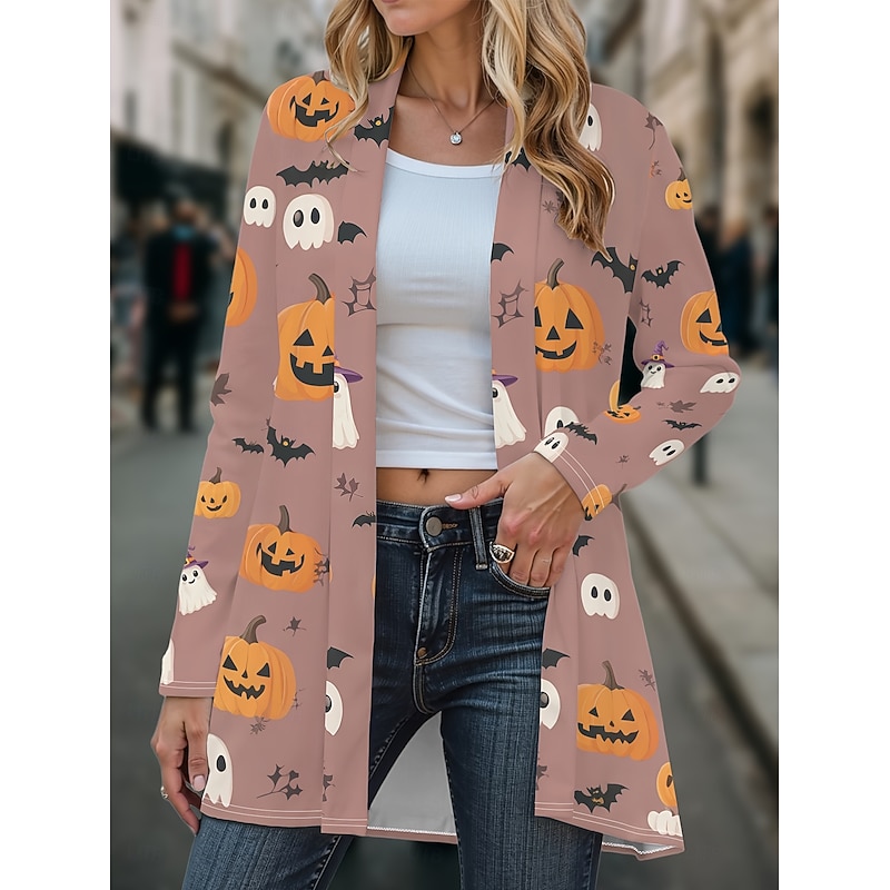 Halloween Women's Coat Lightweight Comfortable Pumpkin Print Vintage Artistic Casual Pumpkin Casual Long Collarless Loose Fit Long Sleeve Outerwear Black Pink Navy Blue Spring Fall4