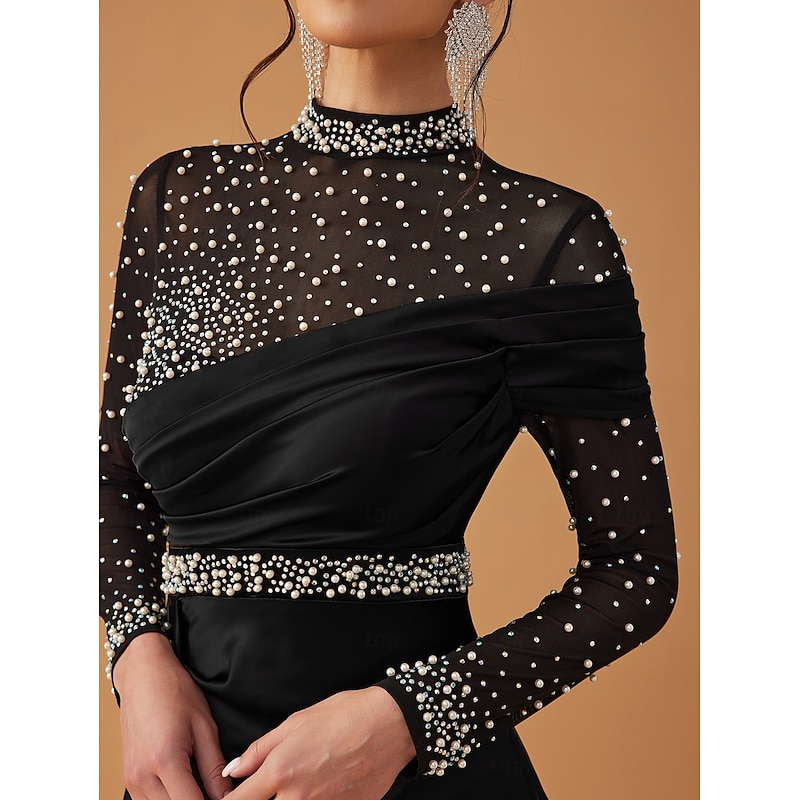Black Mermaid / Trumpet Evening Gown Elegant Dress Formal Wedding Floor Length Long Sleeve High Neck Mock Neck Stretch Satin with Pearls Crystals 20252