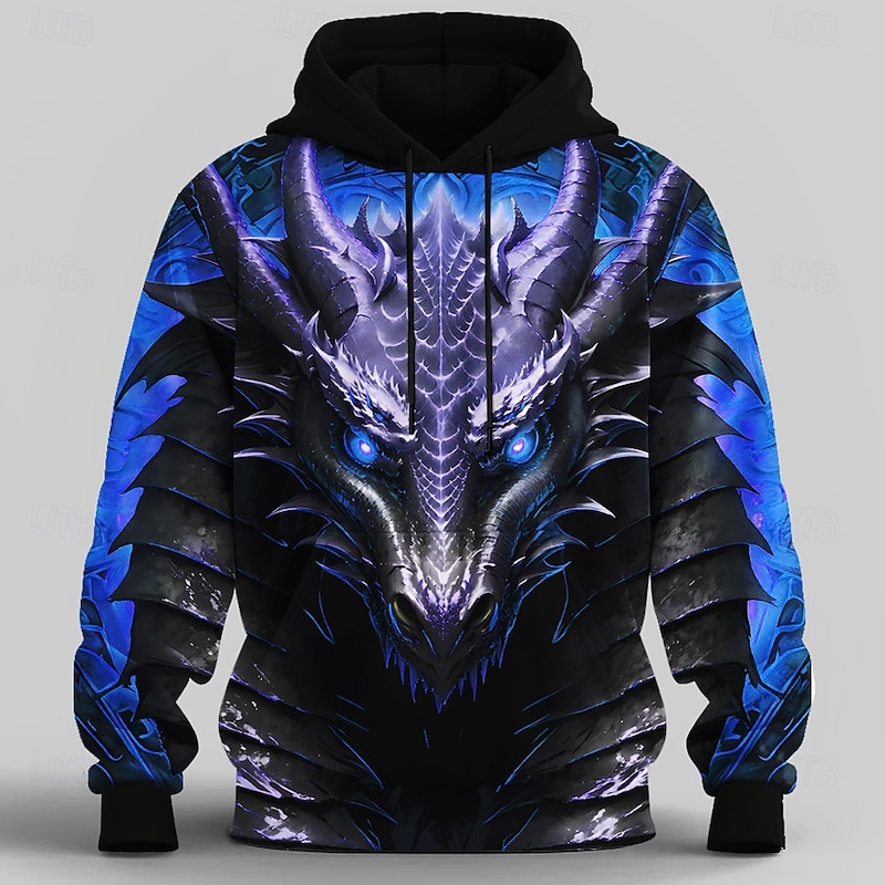 Men's Dragon 3D Hoodie Sweatshirt Cool Party Crew Neck Club Streetwear Blue Orange Drawstring Fall Winter Designer3