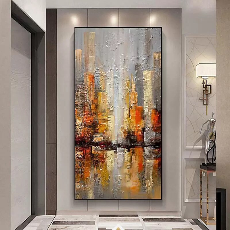 Mintura Handmade Abstract Urban Architecture Oil Paintings On Canvas Wall Art Decoration Modern Landscape Picture For Home Decor Rolled Frameless Unstretched Painting2