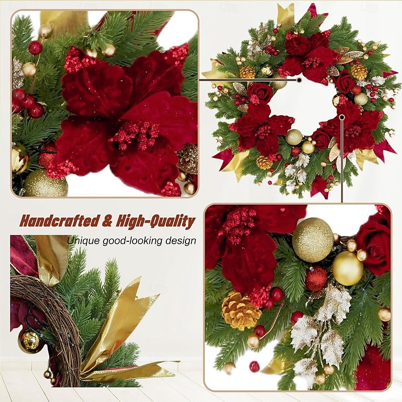Christmas Large Red Floral Wreath Pinecone Garland Door Hanging Festive Holiday Decoration Perfect Classic Christmas Home Ornament Seasonal Celebration Accessory3