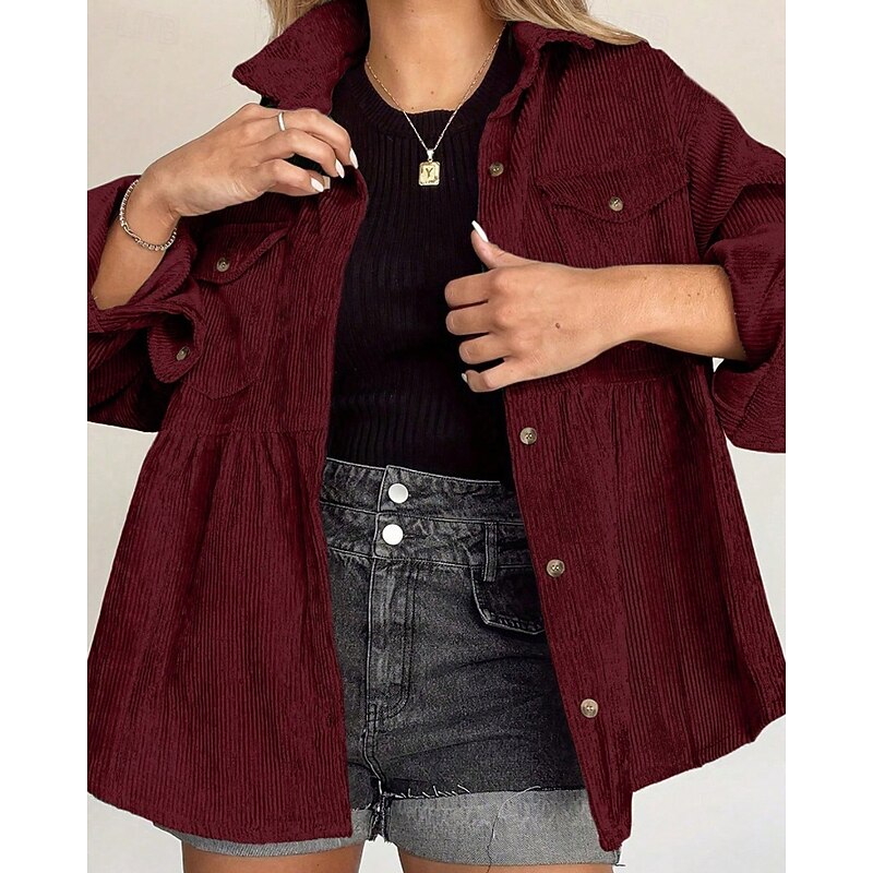 Women's Shirt Jacket Shacket Comfortable Ruched Pocket Casual Plain Holiday Casual Daily Weekend Single Breasted Regular Turndown Regular Fit Long Sleeve Outerwear Red Green Fall Winter3