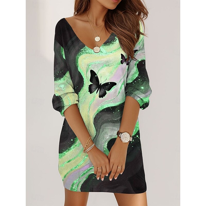 Women's Mini Dress Shift Dress Vacation Casual Daily Holiday Cocktail Party Regular Fit Graphic Animal Butterfly Long Sleeve V Neck Pink Blue Purple Green Summer Spring Fall2
