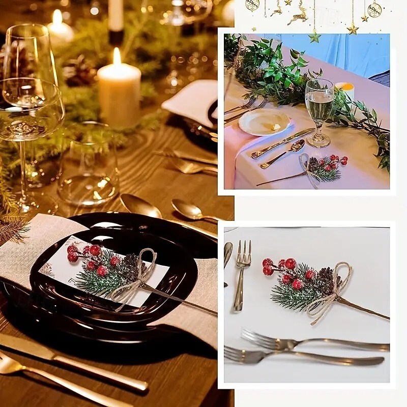 10pcs Artificial Christmas Tree Picks with Pinecones and Red Berries – Plastic Winter Table Decorations with Snow-Frosted Pine Needles and Rustic Jute Twine – Festive Holiday Party Decor4