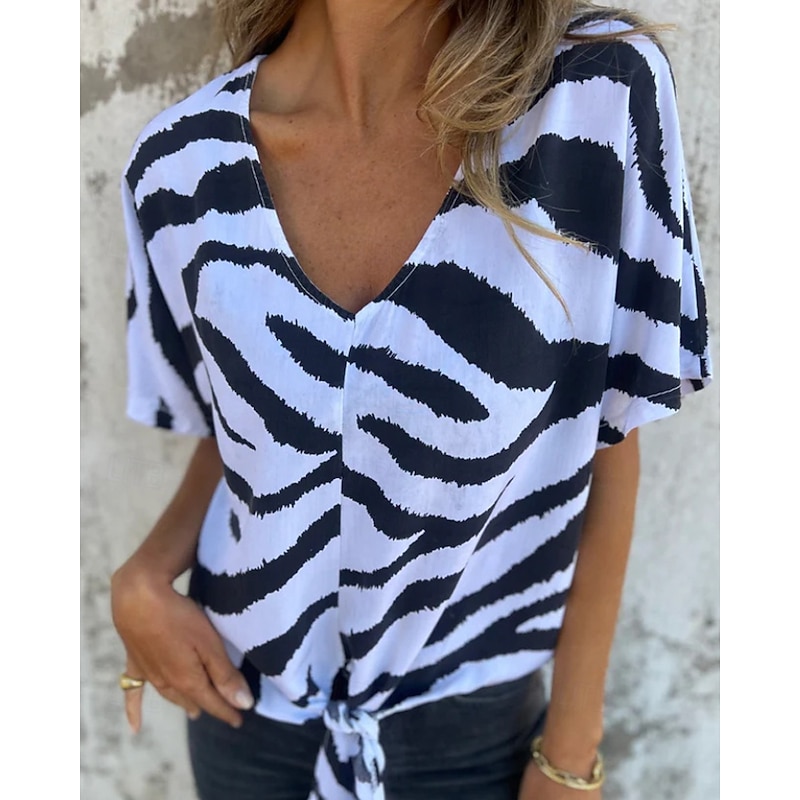 Women's Blouse Leopard Modern Casual Short Sleeve V Neck Regular Tops Holiday Going out Print White Navy Blue Camel Dark Gray Gray Summer2
