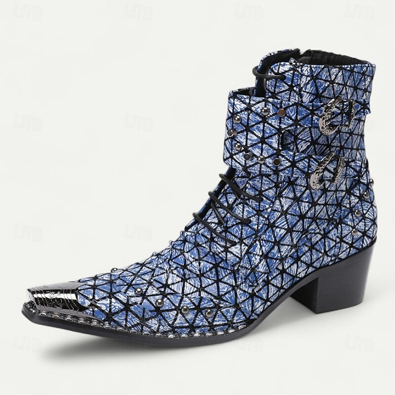 Men's Blue Geometric Print Ankle Boots – Fashion Statement Cowboy Boots for Concerts, Streetwear and Nightlife Parties3