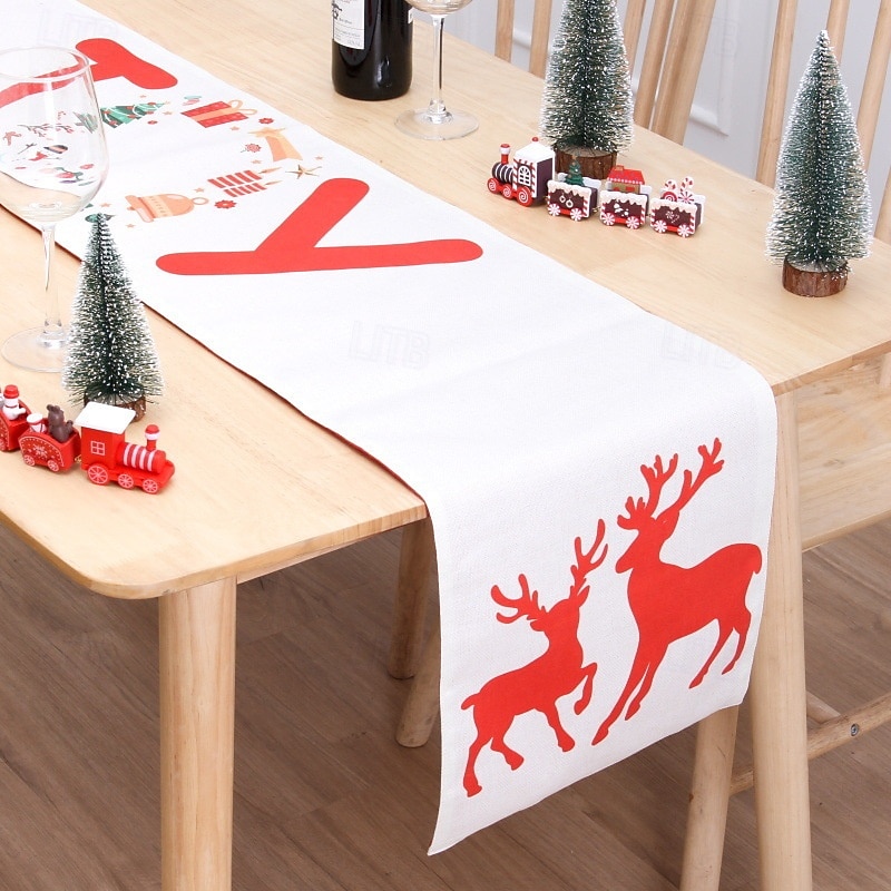Christmas Table Runner Double Layer Cotton Linen Creative Printed Snowman Santa Placemat Festive Holiday Decoration for Dining Table Home Party Celebration3