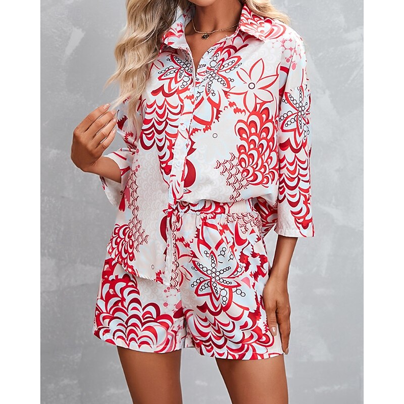 Women's Active Streetwear Shirt Blouse Shorts Sets Long Sleeve Shirt Collar Floral Print Vacation Casual Daily Pink Red Fall Regular Fit2