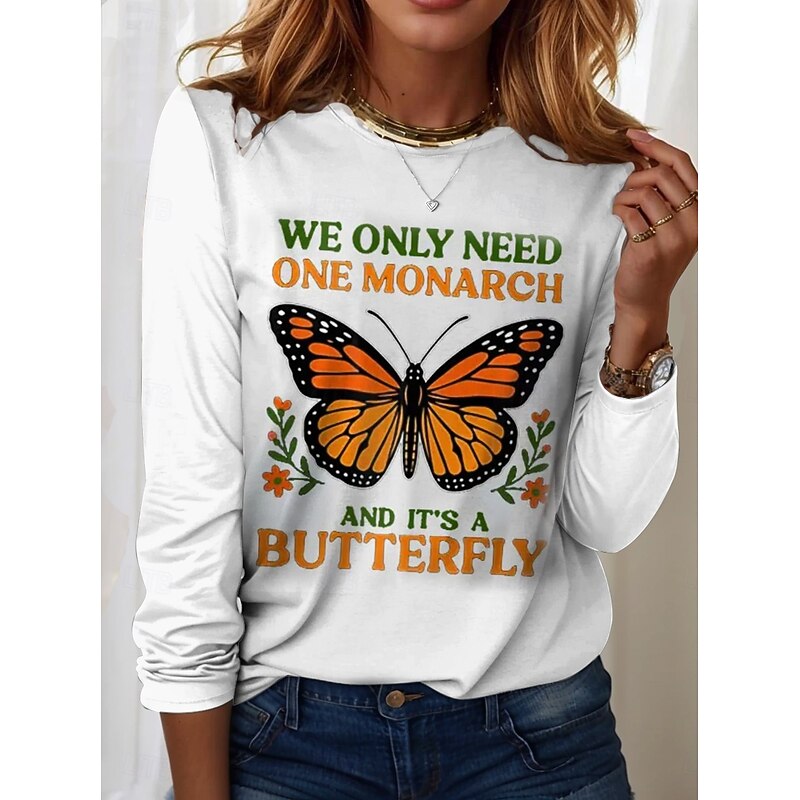Women's T Shirt Graphic Butterfly Letter Vintage Stylish Classic Long Sleeve Crew Neck Regular Tops Daily Print Black White Blue Orange Green Summer Spring Fall4