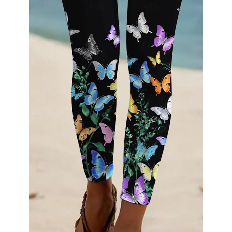 Women's Pants Trousers Leggings Streetwear Casual Full Length High Waist Butterfly Elastic Waist Print Breathability Comfortable Stretchy Vacation Street Daily Wear Black Summer Spring Fall Regular3