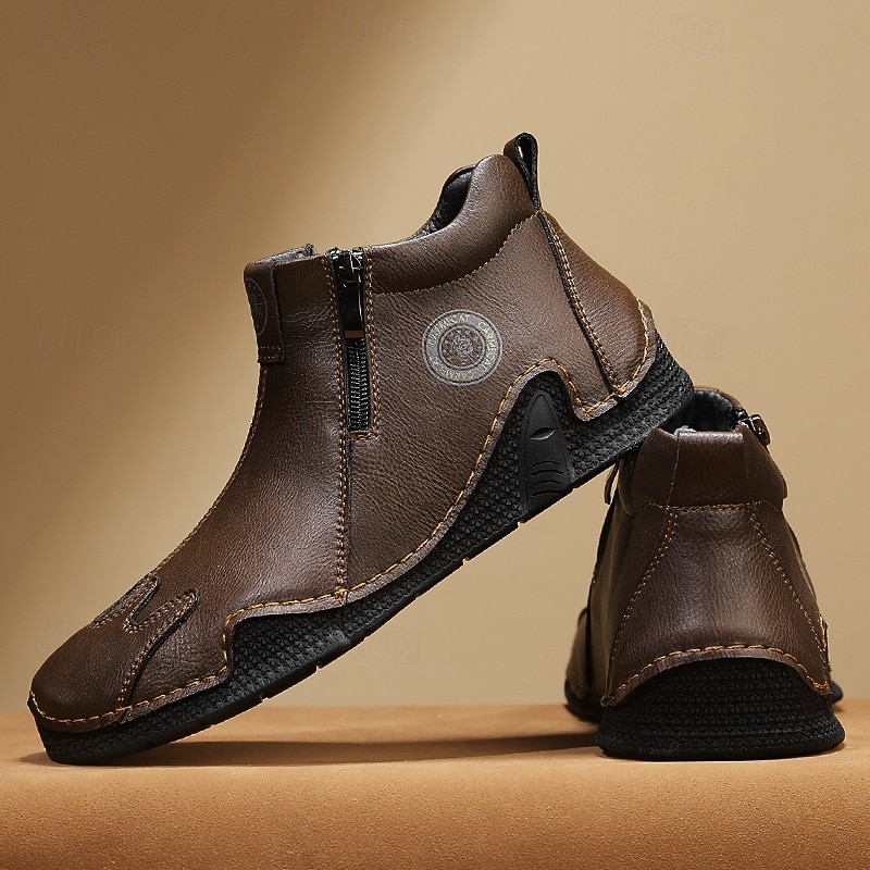 Men's Brown Leather Zipper Slip-On Shoes with Unique Round Toe and Flexible Sole – Retro Casual Footwear for Travel, Work and Daily Comfort2