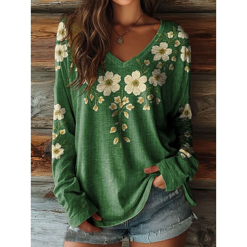 Women's T shirt Long Sleeve Graphic Letter Vintage Stylish Classic Long Sleeve V Neck Regular Tops Daily Weekend Print Yellow Pink Brown Green Spring Fall Prefall