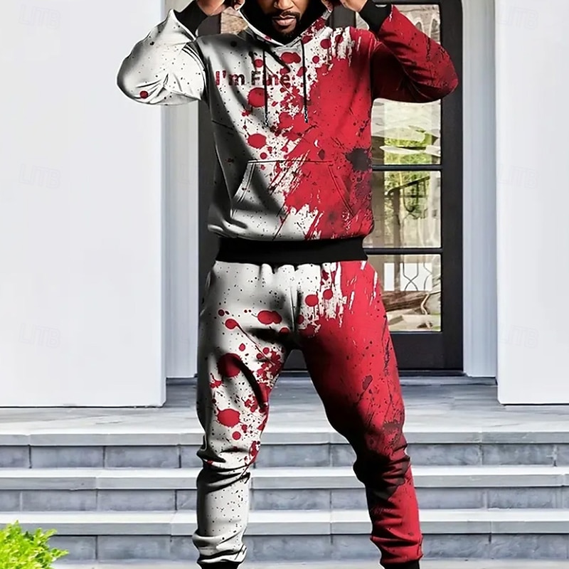Halloween Men's Blood stains 2pcs 3D Sweatshirt Sets Tracksuit Hoodie Sweatshirt Long Sleeve Long pants Hooded Streetwear Casual Daily Street Athleisure Festival Outfit 3D Print Hooded Spring Fall3