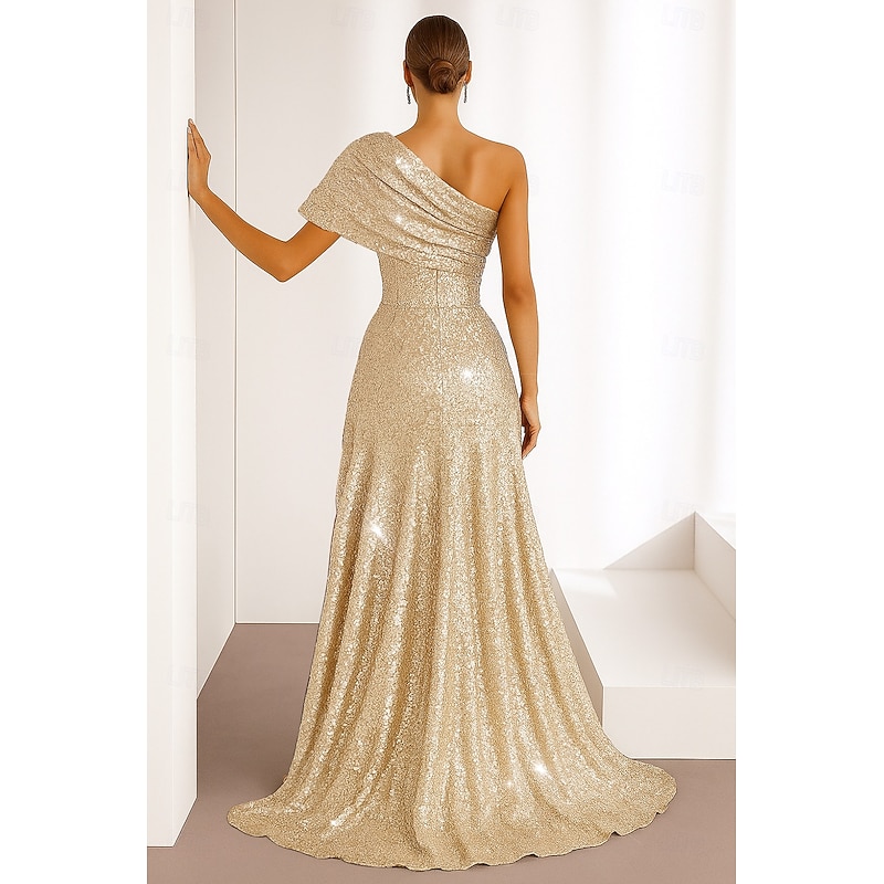 Sequined Gold Black A-Line Cocktail Dresses Elegant Dress Formal Wedding Floor Length Sleeveless One Shoulder Sequined with Glitter 20253