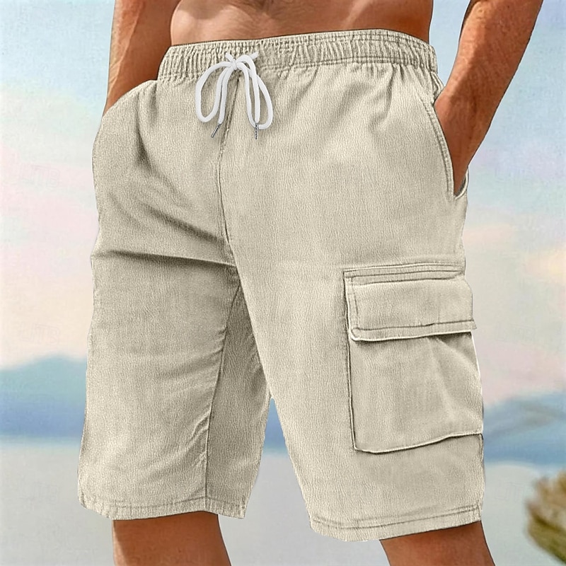 Men's Cargo Shorts Shorts Linen Shorts Summer Shorts Beach Shorts Drawstring Elastic Waist Plain Comfort Breathable Knee Length Outdoor Daily Beach Vacation Fashion Black White Inelastic4