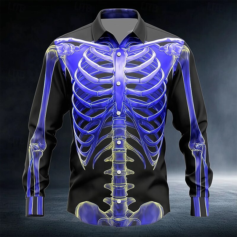 Halloween Men's Skeleton Horror Halloween Costumes Shirt Button Up Shirt Long Sleeve Dark Gothic Style Outdoor Holiday Summer Spring Turndown 3D Print Collared Shirts White Black / Purple Gold3