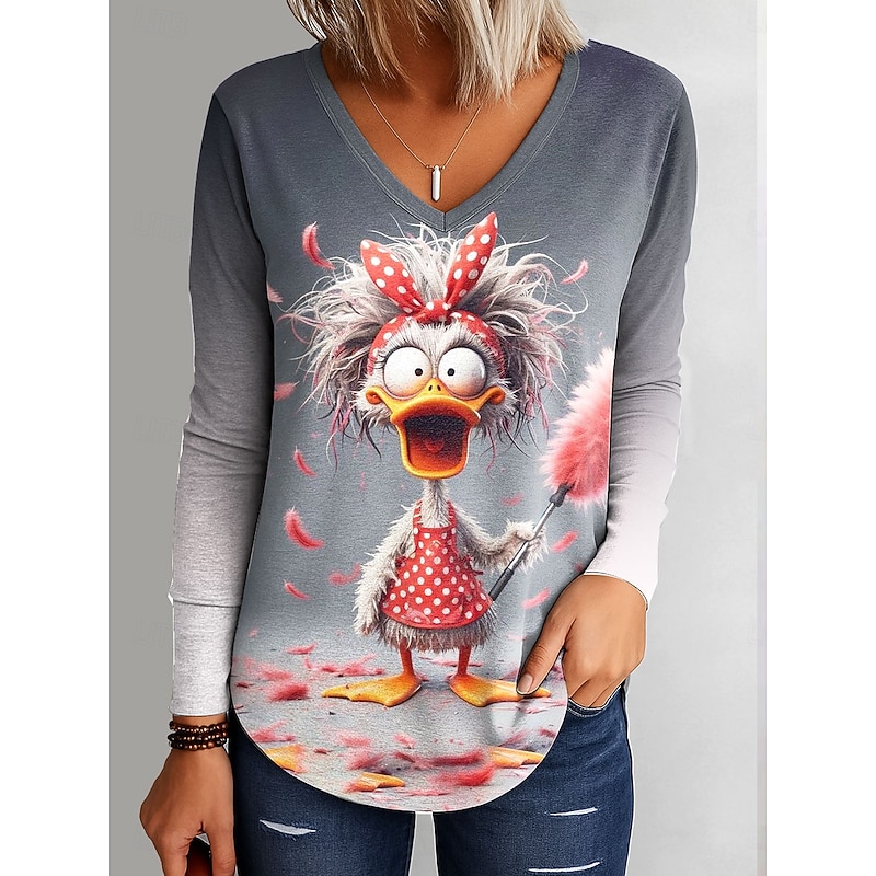 Women's T Shirt Ombre Graphic Duck Vintage Stylish Classic Long Sleeve V Neck Regular Tops Daily Print Blue Purple Green Gray Spring Fall Winter