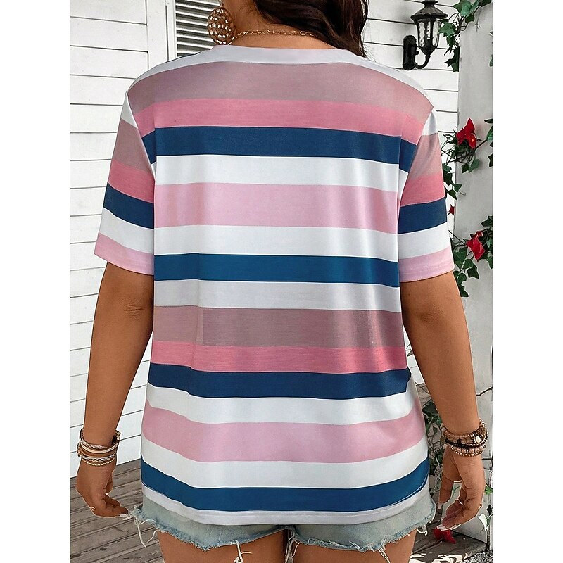 Women's Plus Size Tops T Shirt Striped Print Short Sleeve Crew Neck Casual Daily Polyester Summer Spring White Pink2