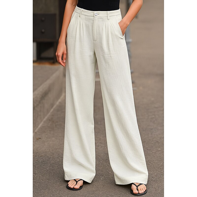 Women's Wide Leg Chinos Pants Trousers Basic Casual Full Length High Waist Plain Comfort Outdoor Inelastic Vacation Street Daily Pink Beige Gray Light Blue Summer Spring Loose Fit