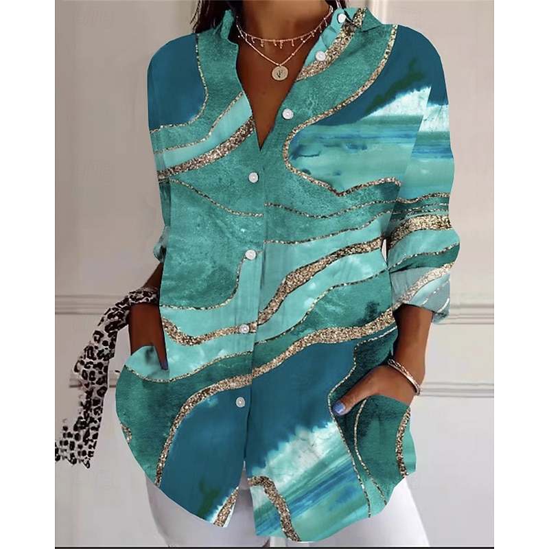 Women's Shirt Graphic Active Daily Stylish Long Sleeve Shirt Collar Regular Tops Daily Holiday Buttons Print Green Spring Fall