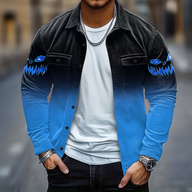 Halloween Men's Pumpkin Halloween Costumes Corduroy Shirt Shirt Jacket Overshirt Long Sleeve Dark Gothic Style Holiday Fall Winter Turndown Button-Down Warm Jacket with Flap Pockets Blue Purple3