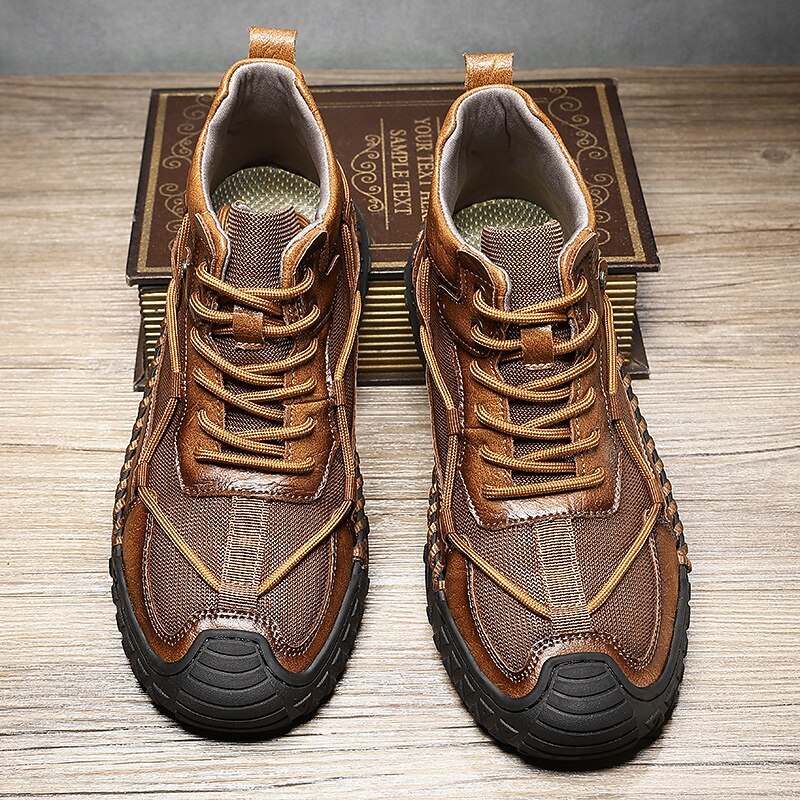 Men's Brown Leather High-Top Casual Sneakers with Stitch Detailing and Durable Rubber Sole – Fashion Comfort Shoes for Outdoor and Urban Wear2