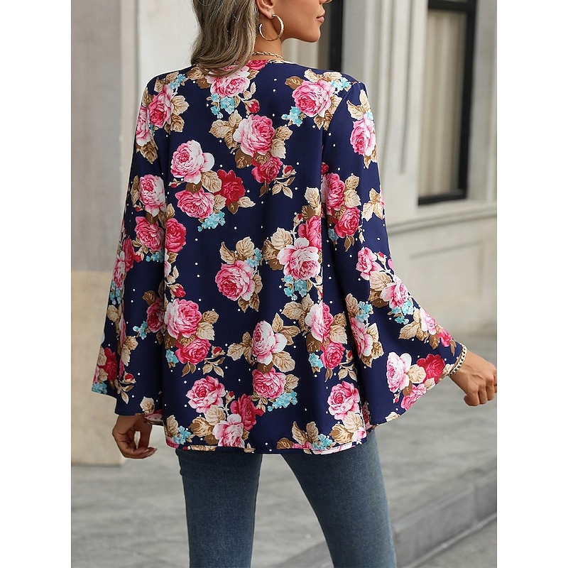 Women's Casual Jacket Comfortable Breathable Print Casual Floral Vacation Street Casual Daily Wear Open Front Short Collarless Regular Fit Long Sleeve Outerwear Navy Summer Spring2