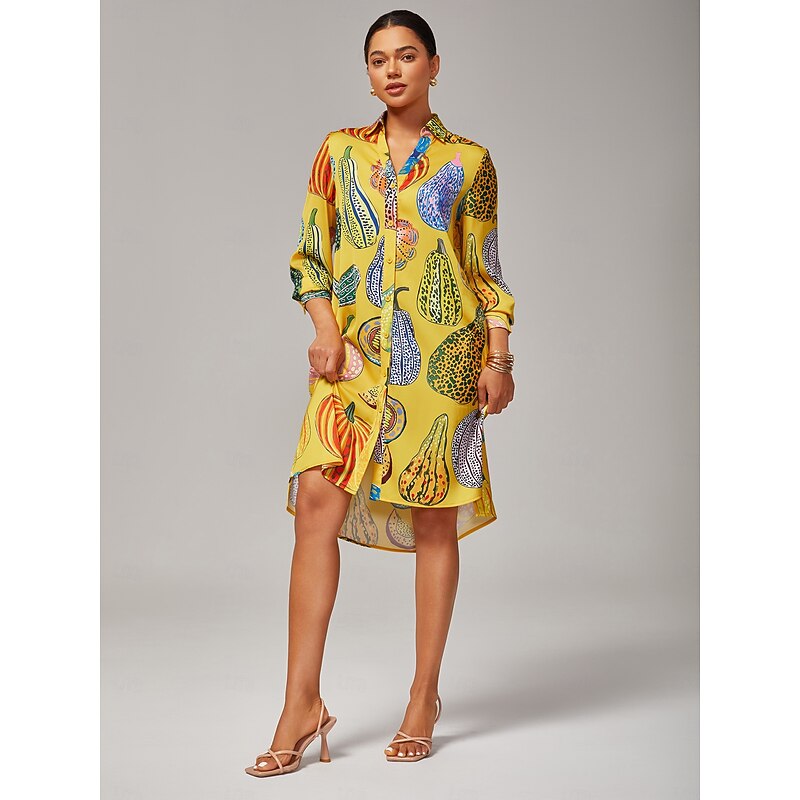 Women's Shirt Dress Casual V Neck Asymmetrical Hem Split Design Pumpkin Print Yellow3