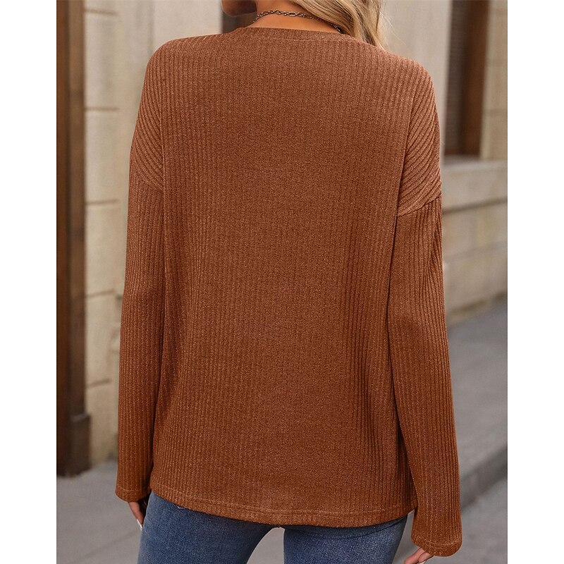 Women's Sweater Pullover Daily Stylish Casual Solid Color Ribbed V Neck Buttons Knitted Long Sleeve Regular Tops Knit Daily Holiday Going out Black Pink Fall Winter3