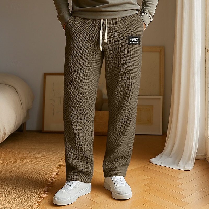 Men's Waffle Slacks Waffle Pants Drawstring Front Pocket Plain Comfort Full Length Outdoor Home Party Fashion Chic & Modern Dark Brown Black Stretchy