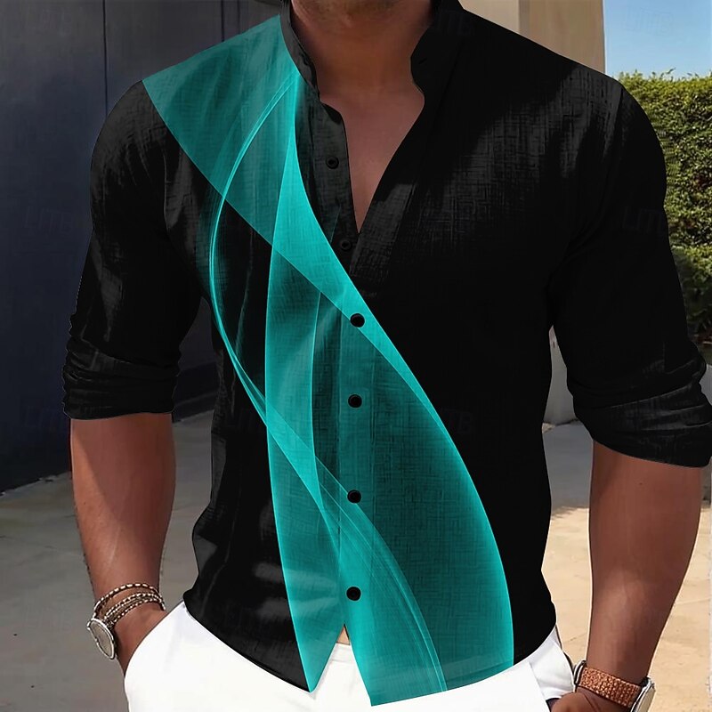 Men's Geometric Gradient Line Shirt Button Up Shirt Stand Collar Shirt Long Sleeve Casual Outdoor Vacation Daily Spring Fall Mandarin Collar Band Collar 3D Print Linen Like Shirt Black Grey Black2