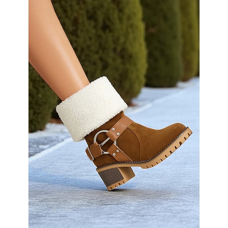 Women's Faux Suede Ankle Boots with Shearling Cuff and Buckle – Casual Winter Chunky Heel Boots for Outdoor, Travel and Cozy Outfits4