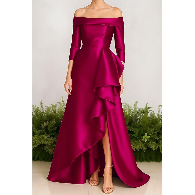 A-Line Evening Gown Stretch Satin Ruffle Dress Elegant Dress Formal Wedding Sweep / Brush Train 3/4 Sleeve Off Shoulder with Slit 20252