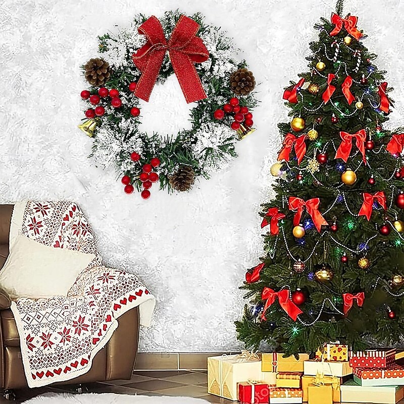 20/30/40cm Christmas Wreath with Berries Red Handmade Imitation Bow Red Fruit Wreath Winter Holiday Xmas Garland Decoration Perfect for Indoor Outdoor Window Home Porch Front Door Decor2
