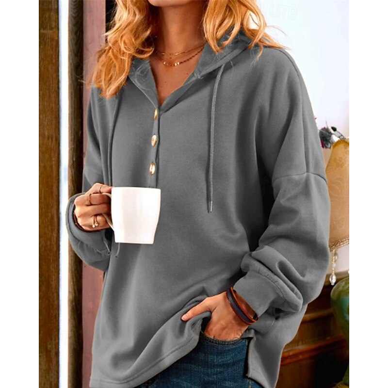 Women's Pullover Hoodie Sweatshirt Plain Streetwear Casual Long Sleeve Hooded Regular Tops Street Holiday Buttons Black Blue Fuchsia Brown Green Fall Winter
