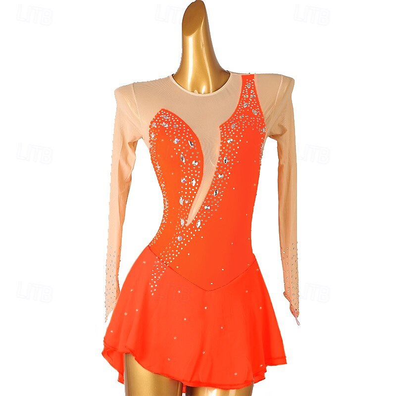 Figure Skating Dress Women's Girls' Ice Skating Dress Orange Rose Red Patchwork Open Back Mesh High Elasticity Training Competition Skating Wear Classic Crystal / Rhinestone Long Sleeve Ice Skating2