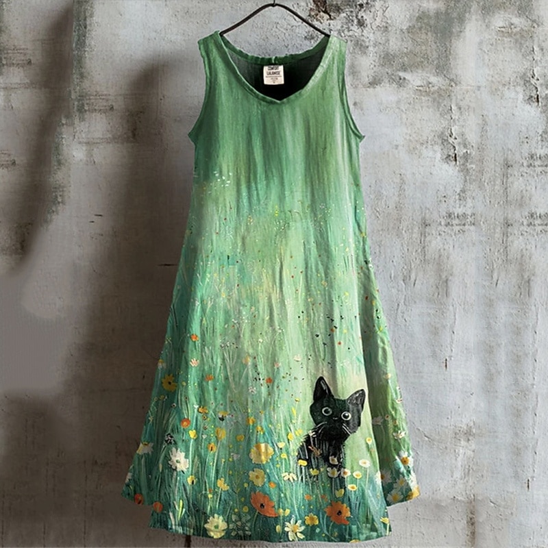 Women's Midi Dress Casual Dress Summer Dress Fashion Modern Daily Beach Weekend Regular Fit Cat Flower Sleeveless V Neck Green Summer Spring