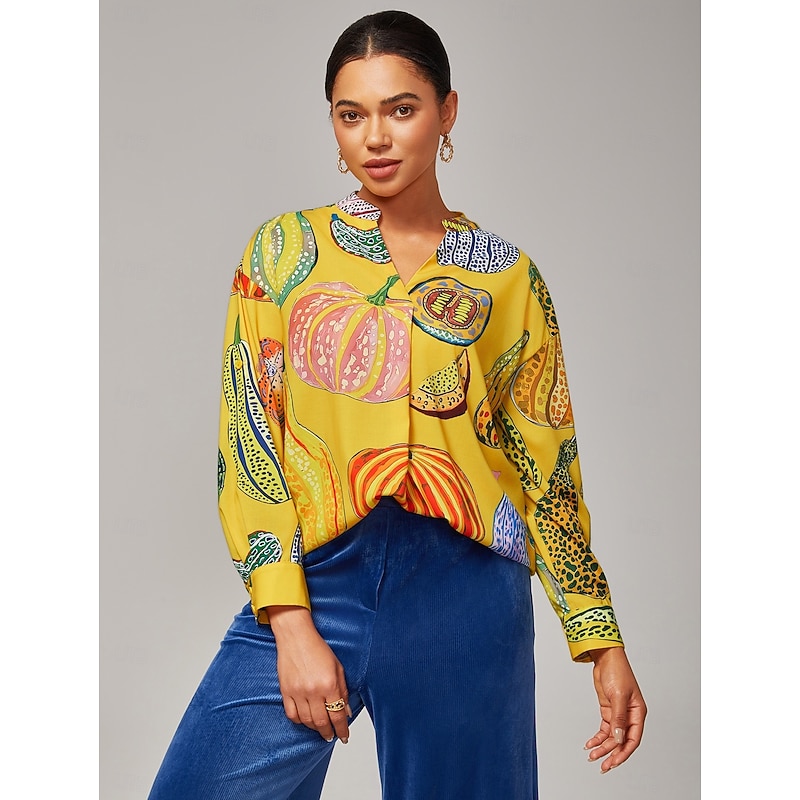 Women's Top Casual Drop Shoulder Stand Collar Inverted Pleat Pumpkin Print Yellow4