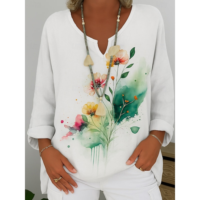 Women's Shirt Floral Graphic Abstract Elegant Bohemia Vintage Long Sleeve V Neck Regular Tops Daily Holiday Pink Blue Purple Green Summer Spring