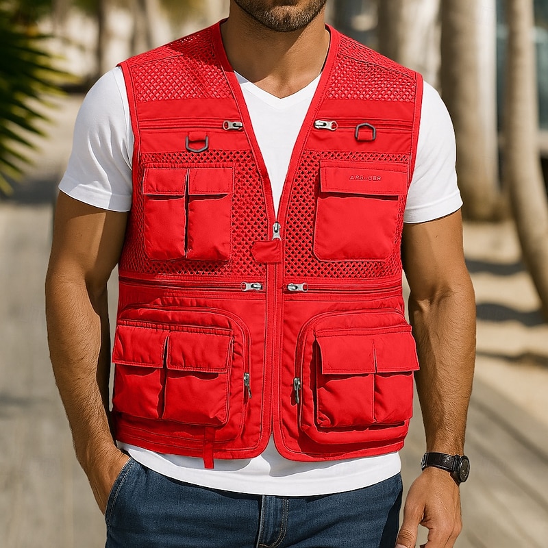 Men's Outdoor Vest Tactical Jacket Outdoor Sports Outdoor Fishing Camping & Hiking Active Casual Summer Spring Multi Pocket Multi Layer Polyester Mesh Tactical Zipper V Neck Regular Fit Black Red2