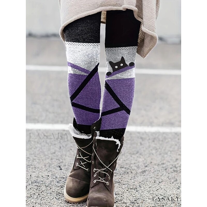 Women's Pants Trousers Leggings Cozy Leggings Streetwear Casual Full Length High Waist Geometric Cat Elastic Waist Print Breathability Comfortable Stretchy Vacation Street Daily Wear Red Purple Khaki2