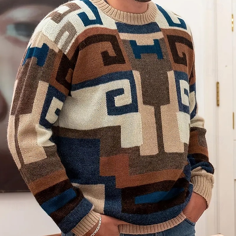 Men's Color Block Pullover Sweater Jumper Knitwear Crewneck Casual Vacation Home Daily 3D Print Knitting Keep Warm Long Sleeve Spring Fall Winter Brown2
