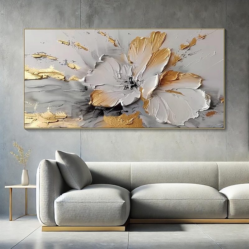 Gold Flower Oil Painting On Canvas Handmade Wall Art Abstract White Floral Painting Living Room Decor Home Decor Rolled Frameless Unstretched Painting