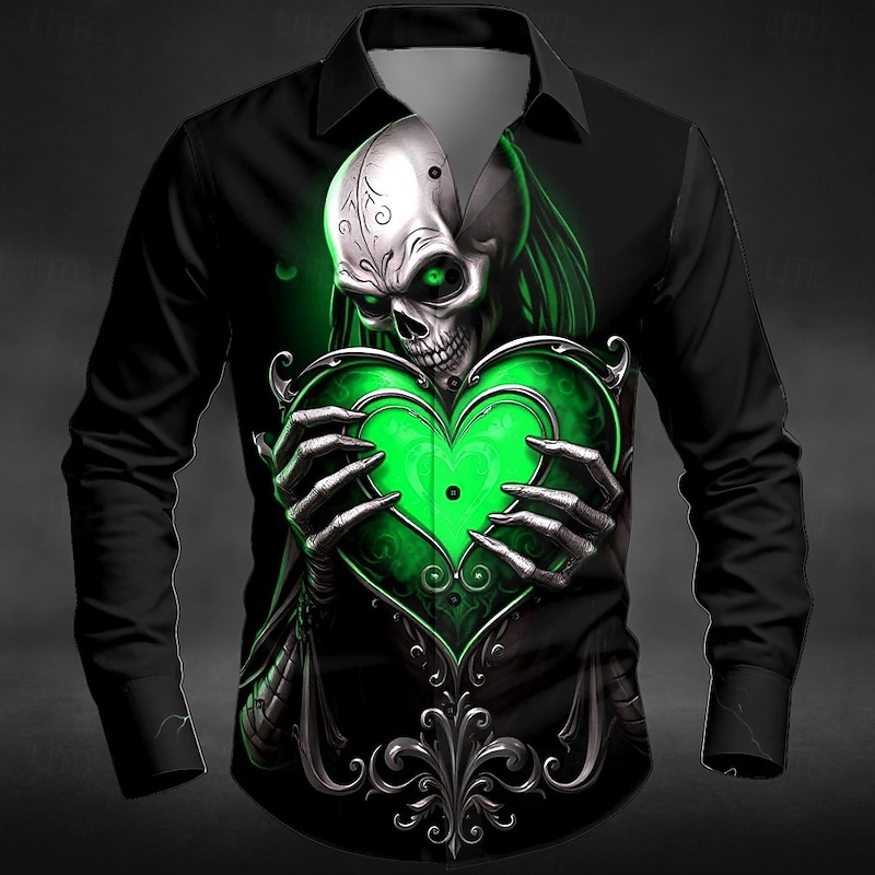 Halloween Men's Heart Skull Halloween Costumes Shirt Button Up Shirt Long Sleeve Dark Punk Gothic Style Outdoor Holiday Summer Spring Turndown 3D Print Collared Shirts Red Green2
